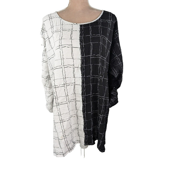 Ali Miles 1X Crinkle Tunic Top Blouse Black White Plaid Button Detail Lagenlook - Picture 1 of 10